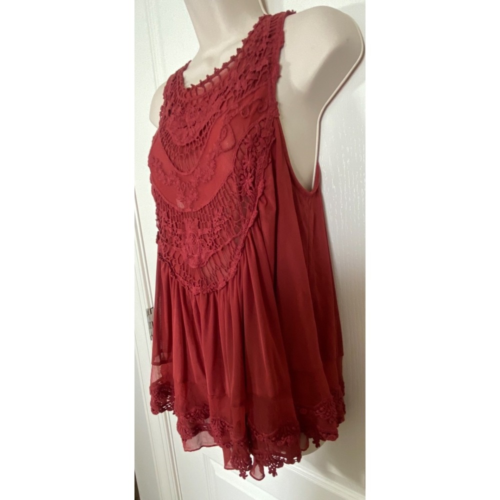 Ultra Pink Blouse L Rust Red Fairy Lace Sheer Back Romantic Festival Embroidery - Picture 6 of 14